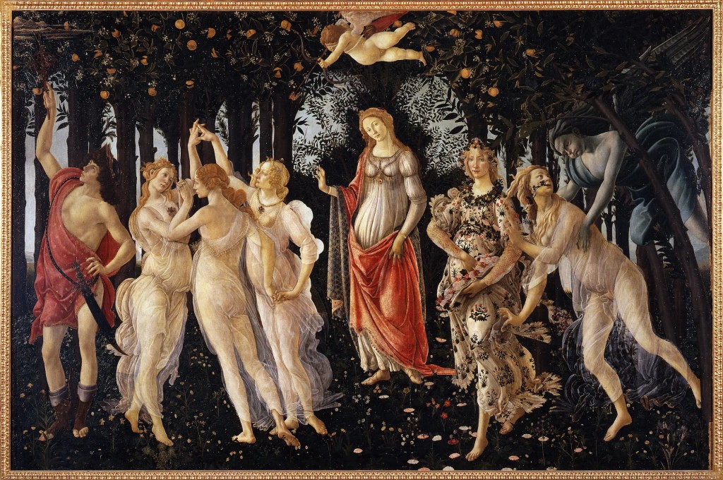 Sandro Botticelli, Primavera, c. 1482, the full painting at the Uffizi Gallery in Florence