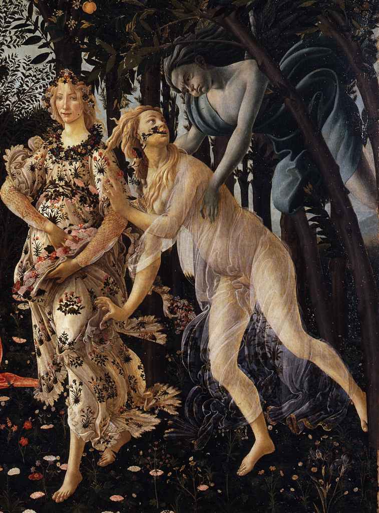 Chloris, Zephyrus and Flora, detail from Botticellis Primavera, the birth-of-spring myth