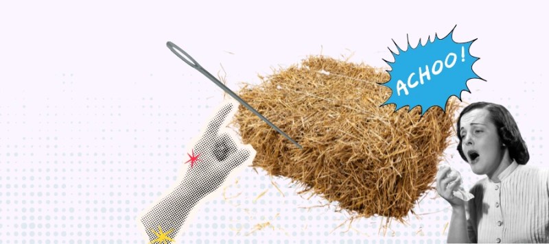 A popart collage of a hay bales, someone's sneezing and a hand pointing out a needle — visual metaphor for strategic discovery. good cx