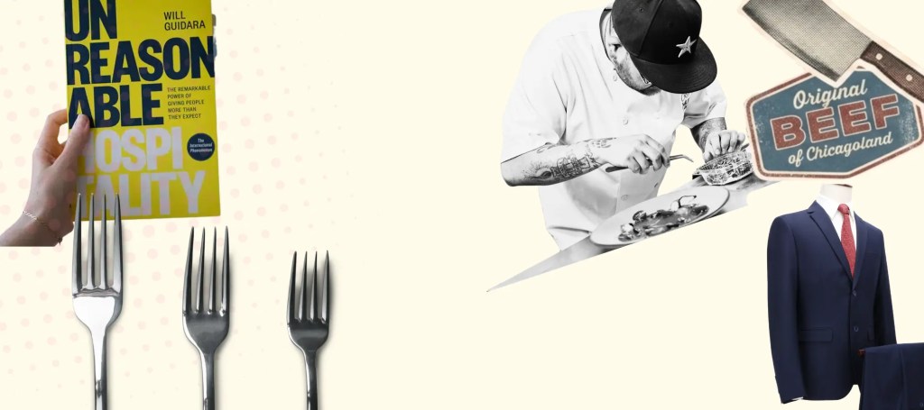 A popart collage of chef whites, a tailored suit jacket, a polished silver fork and a copy of Will Guidara's Unreasonable Hospitality — visual nod to Richie from The Bear and scaling leadership.