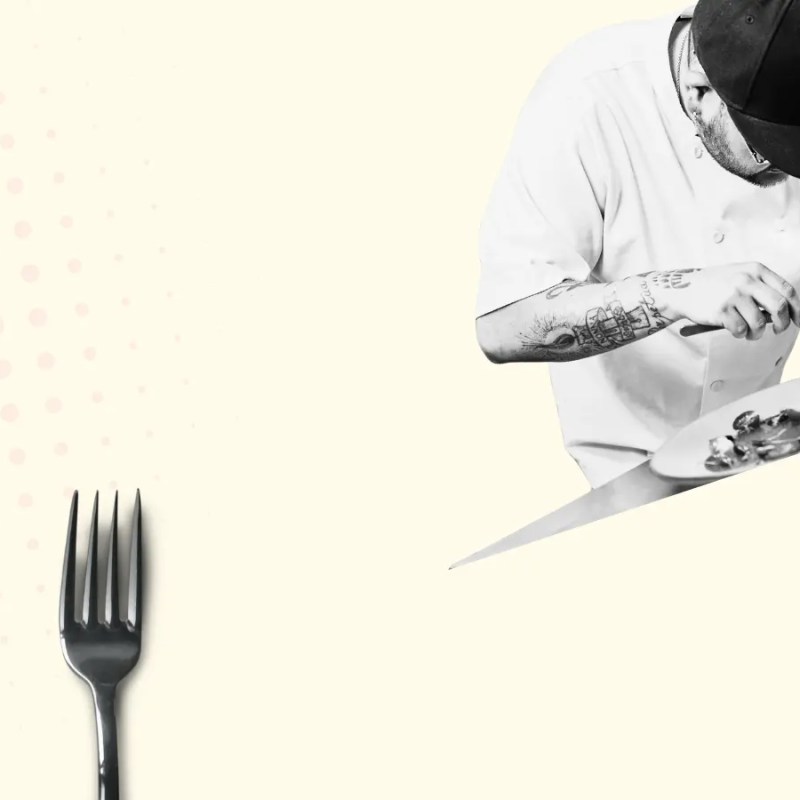 A popart collage of chef whites, a tailored suit jacket, a polished silver fork and a copy of Will Guidara's Unreasonable Hospitality — visual nod to Richie from The Bear and scaling leadership.