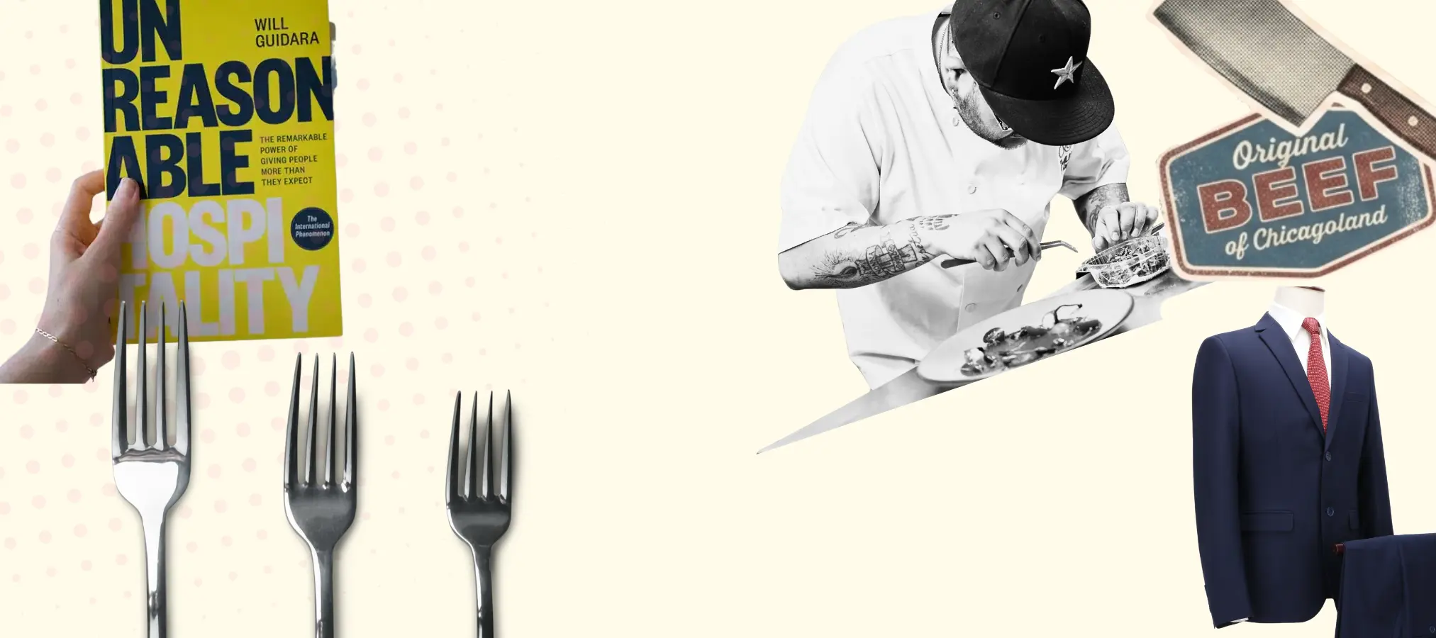 A popart collage of chef whites, a tailored suit jacket, a polished silver fork and a copy of Will Guidara's Unreasonable Hospitality — visual nod to Richie from The Bear and scaling leadership.