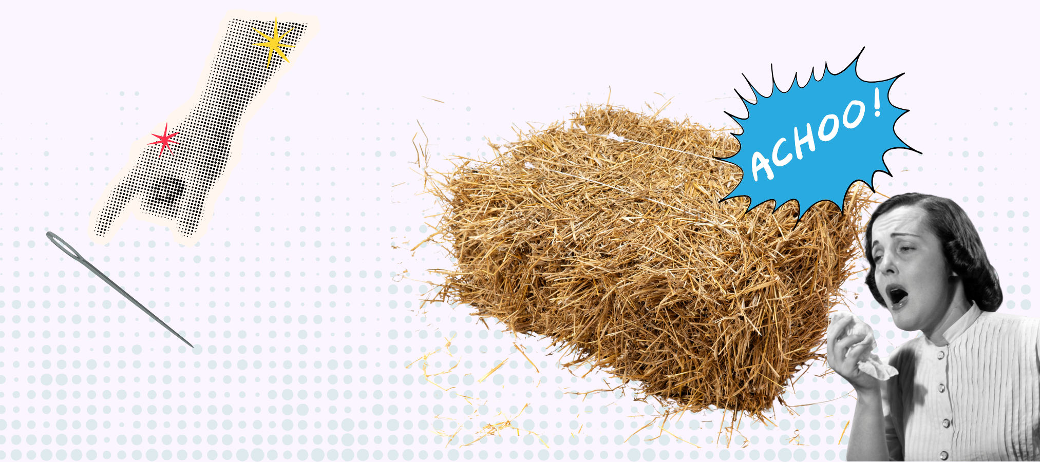 A popart collage of a hay bales, someone's sneezing and a hand pointing out a needle — visual metaphor for strategic discovery. good cx