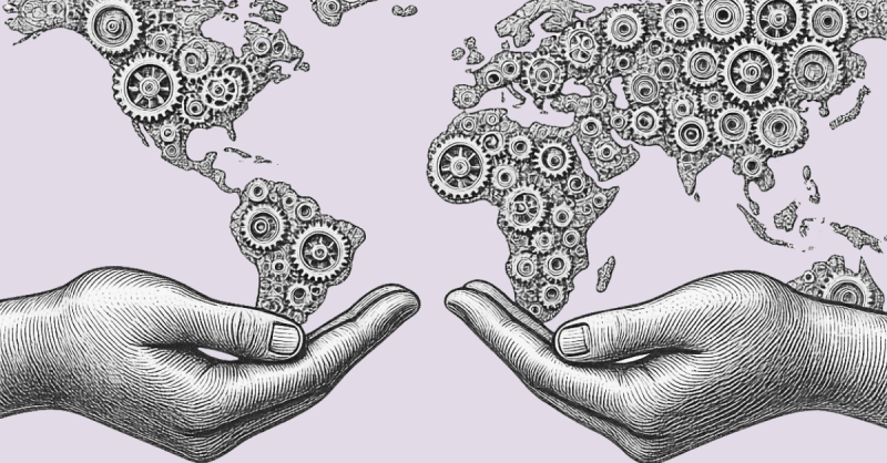 Two open hands cradle a world map composed entirely of intricate mechanical gears, drawn in fine black-and-white etching style.