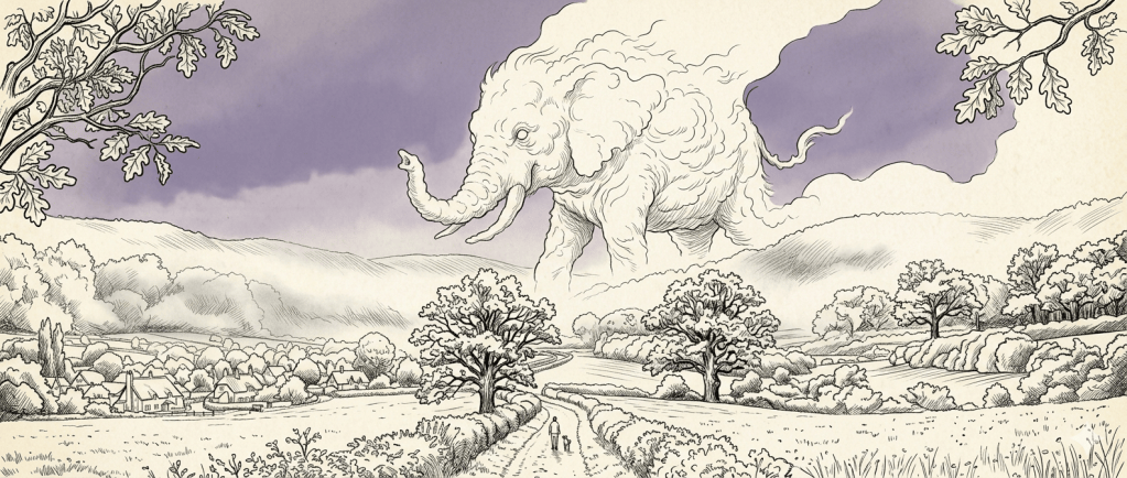 Pen-and-ink illustration of a Heffalump-shaped cloud looming over an English countryside, with a small figure and child walking a lane below