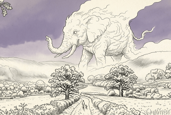 Pen-and-ink illustration of a Heffalump-shaped cloud looming over an English countryside, with a small figure and child walking a lane below