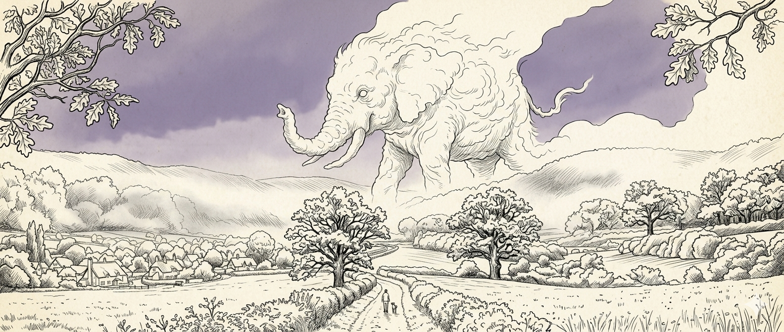 Pen-and-ink illustration of a Heffalump-shaped cloud looming over an English countryside, with a small figure and child walking a lane below