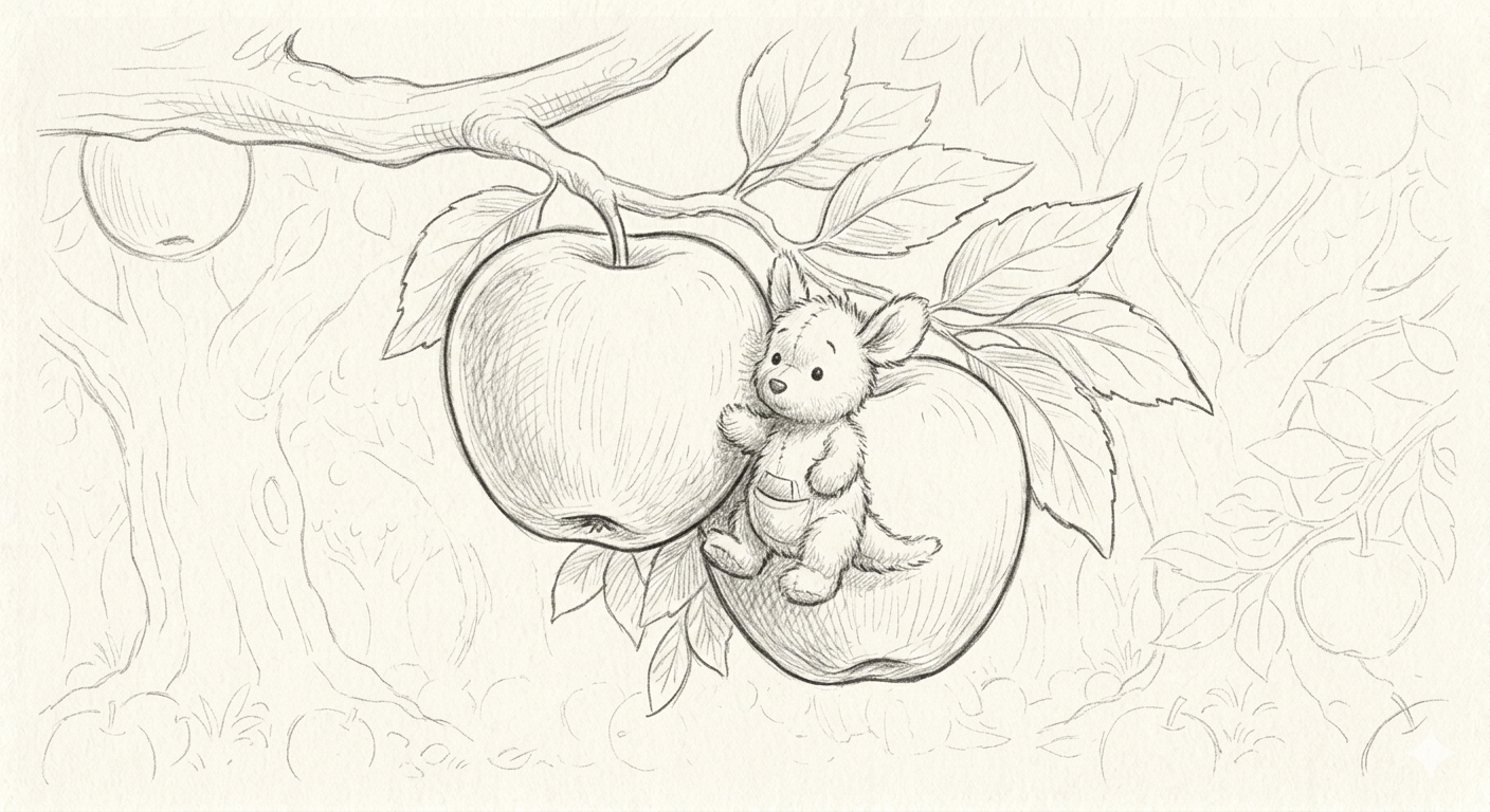 Pencil-sketch illustration of a small toy bear clinging between two large apples on a branch in an orchard
