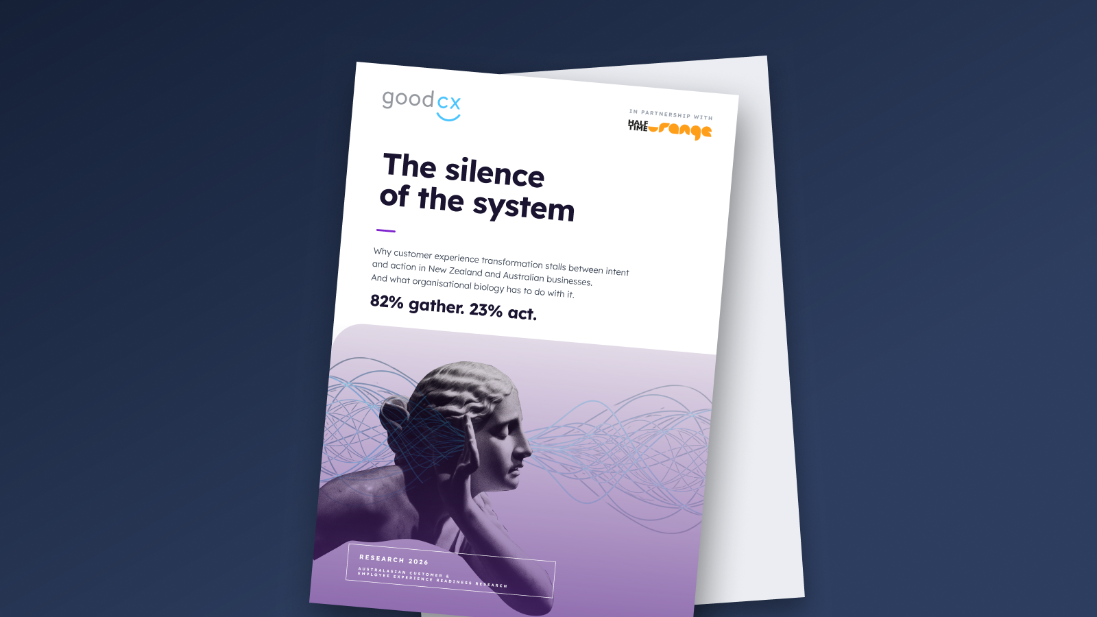 The Silence of the System white paper by Good CX and Half Time Orange, shown as a printed document