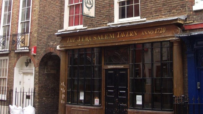 The Jerusalem Tavern on Britton Street, Clerkenwell, its front door and panelled shopfront