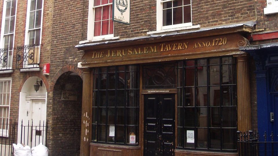 The Jerusalem Tavern on Britton Street, Clerkenwell, its front door and panelled shopfront
