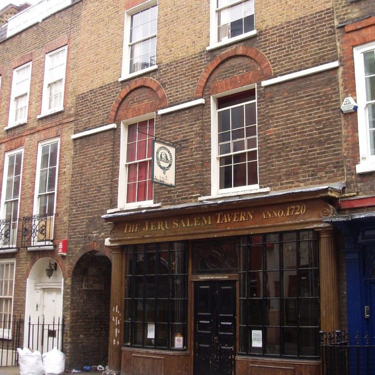 The lower storeys and front door of the Jerusalem Tavern on Britton Street, Clerkenwell
